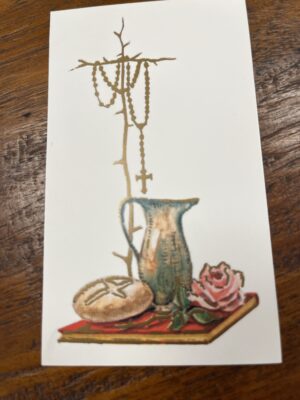 Communieprentje - Kruis met rozenkrans en brood - 7x12cm