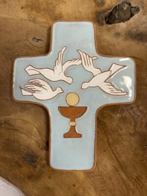 Kruis keramiek - Kelk en 3 Duiven - Blauw (95x120mm