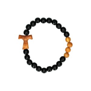 Armband op elastiek Zwart hout met Taukruisje olijvenhout