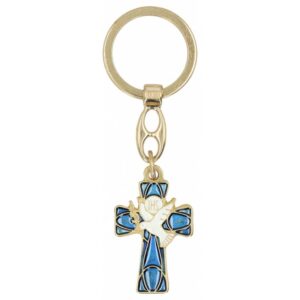 Sleutelhanger Met verguld Kruis Duif Email blauw - wit