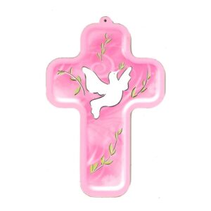 Wiegekruis - 13 X 9 cm - Duif / Roze