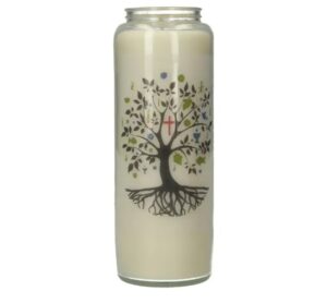 Noveenkaars in glas / Wit / Levensboom met kruisje