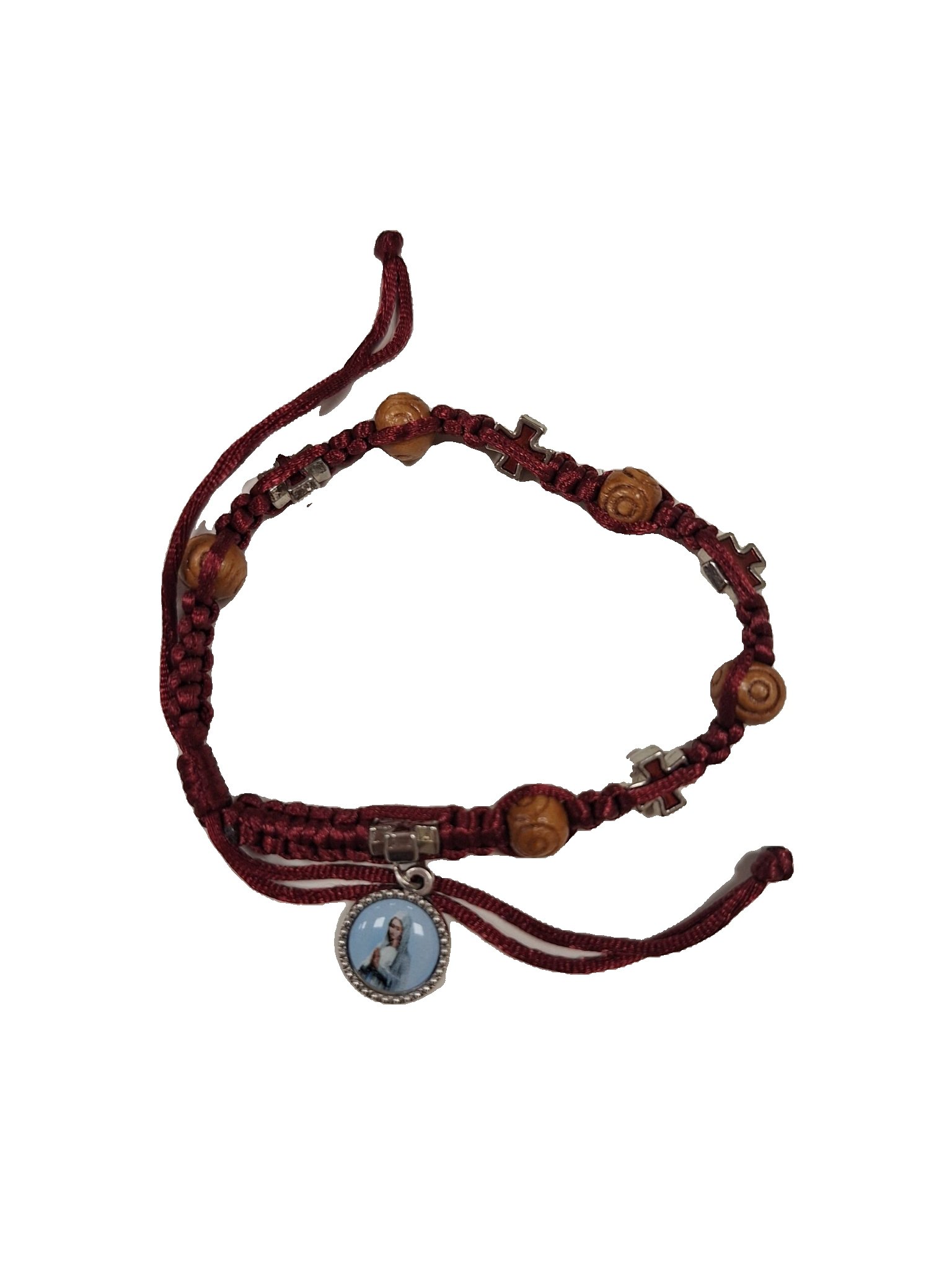 Armband op koord – Kruisjes email met Maria/duifje en houten kralen- Zwart/rood/blauw